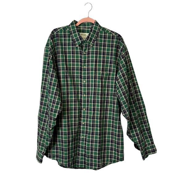 Eddie Bauer Shirt Men Large Tall Green Plaid Roll Tab Sleeve Outdoor Casual - Picture 1 of 7